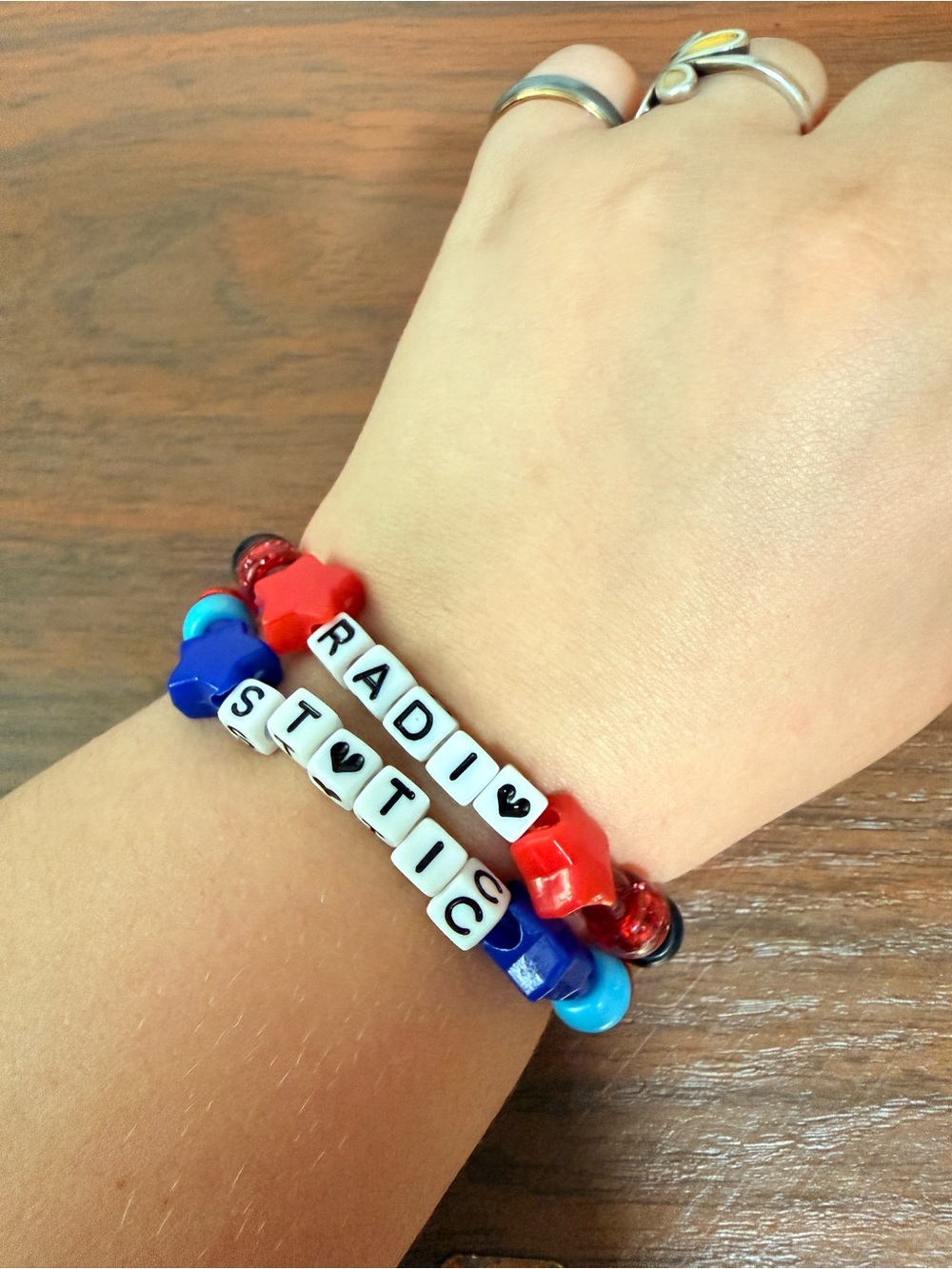 Red & Blue Beaded 'RADIV ST♥TIC' Letter Bracelet Stack